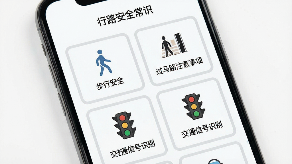 ��·����ȫ��ʶѧϰ���棬����չʾһ���ֻ���Ļ����Ļ����ʾ��·��Ӧ���еġ���·��ȫ��ʶ��ҳ�棬ҳ���������š����а�ȫ��������·ע���������ͨ�ź�ʶ�𡱵�ͼ�Ŀ�Ƭ��ÿ�ſ�Ƭ���м���ͼ��ͱ��⣬�����Ű����룬����Ϊ��ɫ������������ţ�ϸ���Ͽ�Ƭ��ǳ��ɫ�߿򣬻��ʸ��壬�ɾ��޶���Ԫ�أ��ʺ���Ϊ����չʾͼ