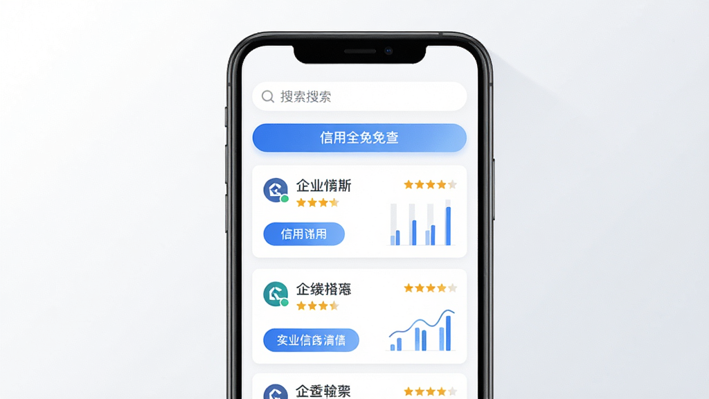 主体为一部智能手机,屏幕显示企业信息信用全免查软件界面,界面上方有搜索框,下方列出多家企业名称与信用评分卡片,布局为居中展示,排版简洁清晰,风格为现代扁平化科技风,细节包括蓝色渐变按钮、企业图标、星级评分、数据图表,画面干净无多余元素,画质高清,背景为纯白或浅灰渐变。
