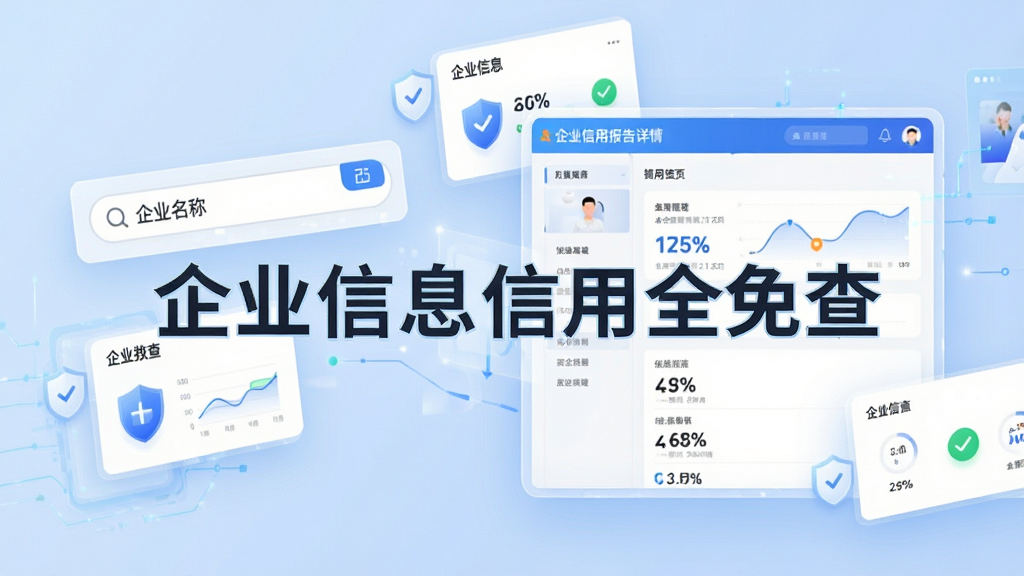 主体为多个数据卡片悬浮在浅蓝色背景上,布局为左右分栏,左侧为搜索框输入企业名称,右侧为企业信用报告详情页,排版整齐有序,风格为商务科技风,细节包括数据图表、盾牌图标、对勾标记、百分比数值,画面干净无多余元素,画质高清,图片中打文字“企业信息信用全免查”。