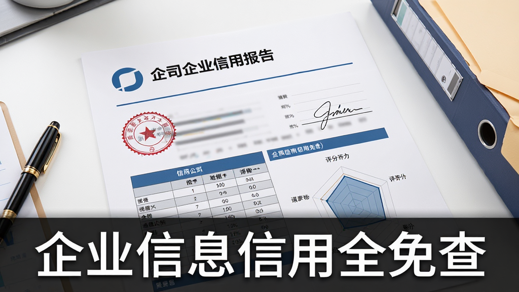 主体为一份企业信用报告文档平铺在桌面上,布局为上下结构,上方为报告标题与公司LOGO,下方为表格与评分雷达图,排版规整,风格为专业商务风,细节包括印章、签字笔、文件夹、图表数据,画面干净无多余元素,画质高清,图片中打文字“企业信息信用全免查”。