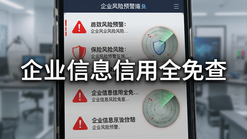 主体为手机屏幕显示企业风险预警界面,布局为上下排列的风险条目列表,每条包含红色警告图标与文字说明,排版清晰,风格为警示科技风,细节包括红色感叹号、盾牌、雷达扫描动画,画面干净无多余元素,画质高清,图片中打文字“企业信息信用全免查”。