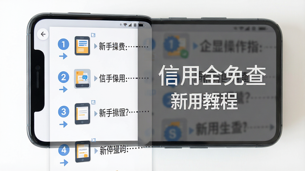 主体为手机屏幕显示新手操作指引图文,布局为分步骤纵向排列,每一步配有图标与简短文字说明,排版清晰,风格为扁平化教学风,细节包括数字序号、箭头引导、手机边框,画面干净无多余元素,画质高清,图片中打文字“企业信息信用全免查 新手教程”。