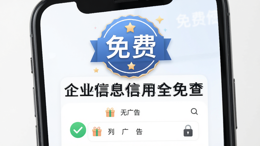 主体为手机屏幕显示免费使用标识与无广告界面,布局为居中展示,上方为“免费”大字徽章,下方为简洁查询界面,排版干净,风格为清新简约风,细节包括绿色对勾、礼盒图标、锁形图标,画面干净无多余元素,画质高清,图片中打文字“企业信息信用全免查”。