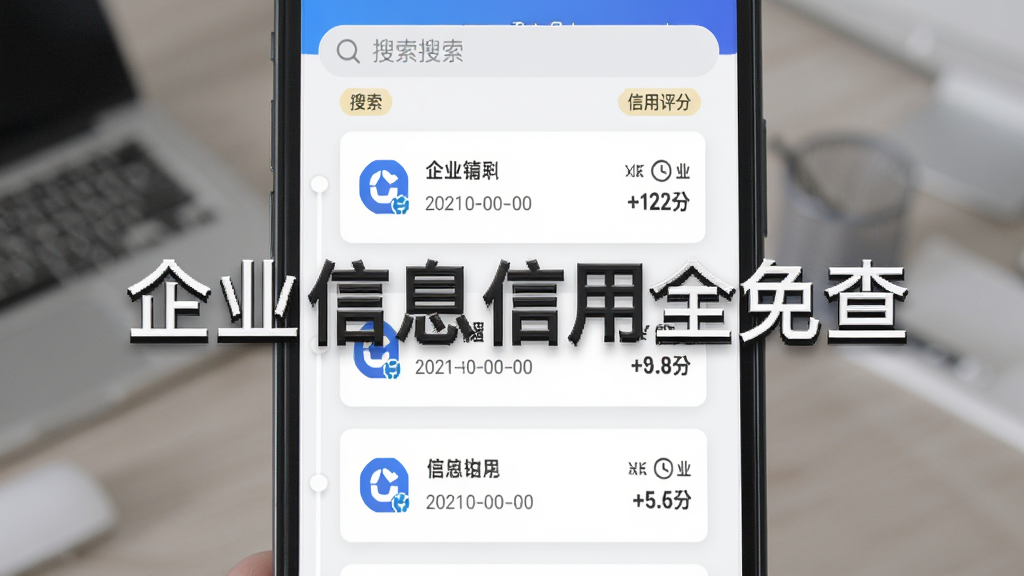 主体为手机应用中的历史记录列表界面,布局为纵向时间轴排列,每条记录包含企业图标、名称、查询时间与信用评分,排版简洁,风格为清新卡片风,细节包括时钟图标、标签、搜索栏,画面干净无多余元素,画质高清,图片中打文字“企业信息信用全免查”。