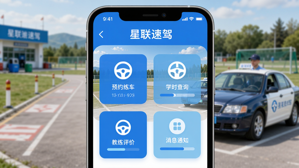 手机屏幕中央展示“星联速驾”应用主界面,界面包含预约练车、学时查询、教练评价、消息通知四个大按钮,背景是驾校训练场和教练车,主体突出手机与界面,布局为竖版海报构图,排版居中,风格为扁平化科技蓝配色,细节包含方向盘图标和进度条元素,画质高清,干净,无多余元素