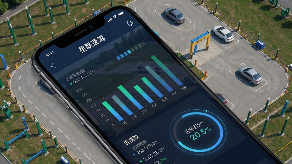 手机屏幕显示“星联速驾”学时统计页面,包含柱状图与环形进度条,背景为驾校训练场俯视图,主体为手机与数据图表,布局为对角线构图,排版简洁,风格为数据可视化科技风,细节包含时间戳、里程数、达标百分比,画质高清,干净,无多余元素