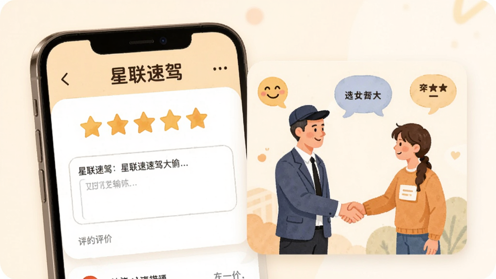 手机界面展示“星联速驾”评价页面,五颗星星评分与文字输入框,旁边有教练与学员握手的插画,主体为评价卡片,布局为左右分栏,排版清晰,风格为温暖插画风,细节包含笑脸图标、评语气泡,画质高清,干净,无多余元素