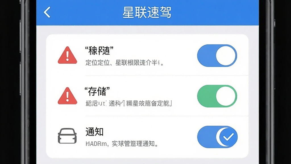 手机屏幕显示“星联速驾”权限设置页面,包含定位、存储、通知三个开关,旁边有红色警示标志和蓝色对勾图标,主体为权限管理界面,布局为居中特写,排版清晰,风格为扁平化UI示意图,细节包含权限名称、开关状态、说明文字,画质高清,干净,无多余元素
