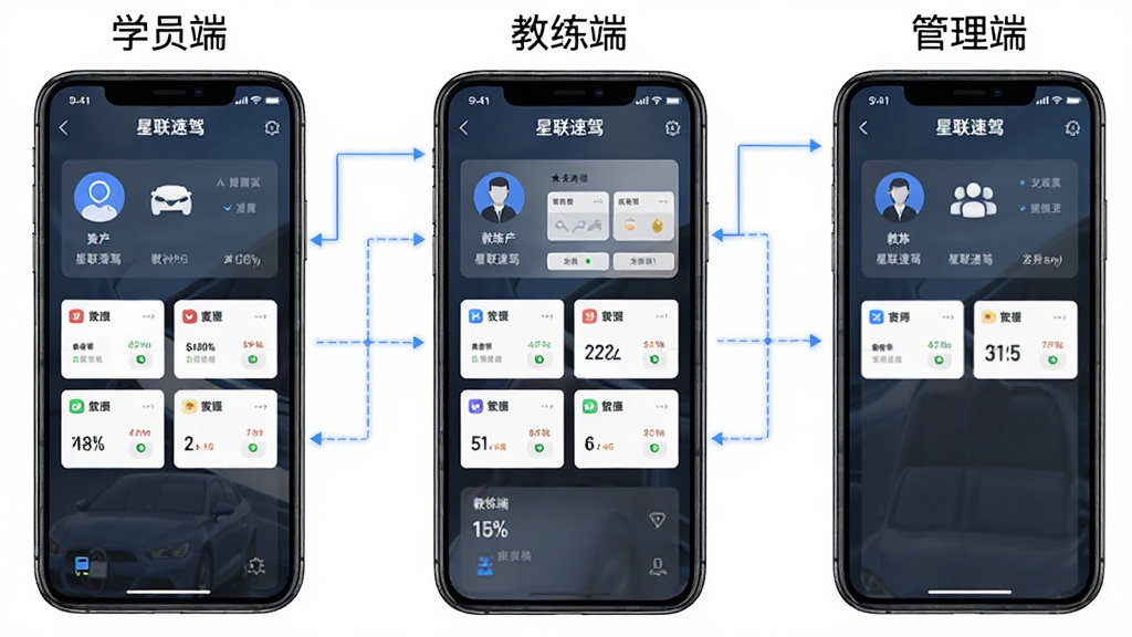 一张信息图展示三个手机屏幕并排,分别标注“学员端”“教练端”“管理端”,屏幕内显示“星联速驾”不同角色界面,主体为三台手机,布局为横向排列,排版对称,风格为商务信息图,细节包含角色图标、数据卡片、连接线,画质高清,干净,无多余元素