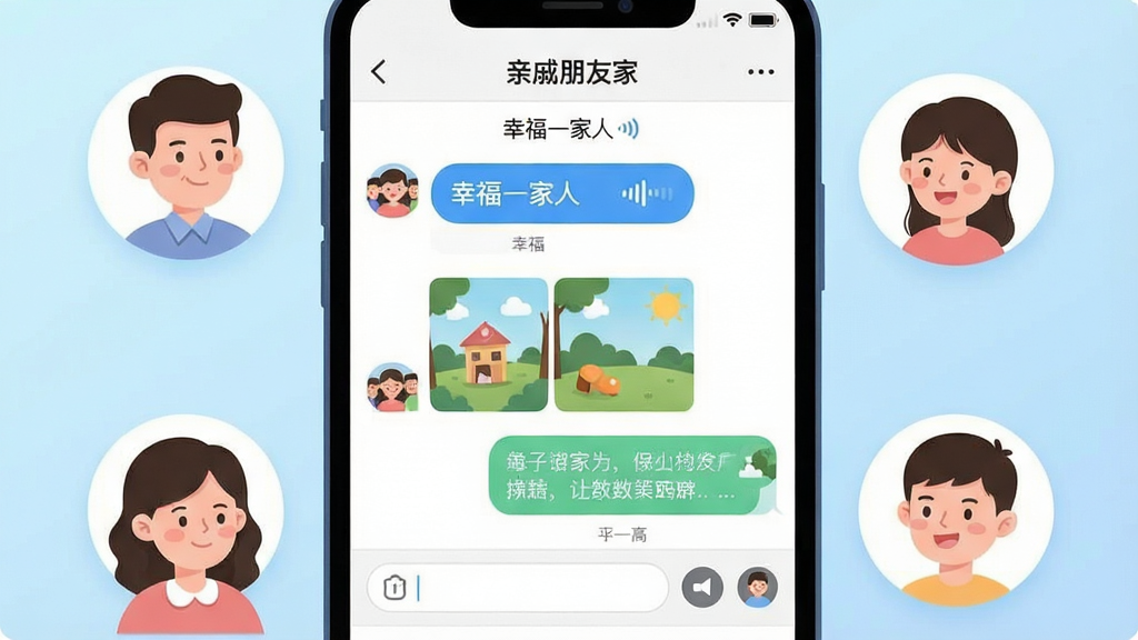 一幅展示手机屏幕内“亲戚朋友家”应用群组聊天界面的插画,屏幕中央显示一个名为“幸福一家人”的群组,聊天记录中有语音消息气泡、图片缩略图和文字对话,下方有输入框和功能按钮。屏幕周围环绕着几个卡通人物头像,代表家庭成员,他们正通过手机互相发送消息。背景为浅蓝色渐变,风格简洁现代,画质清晰,无多余元素。