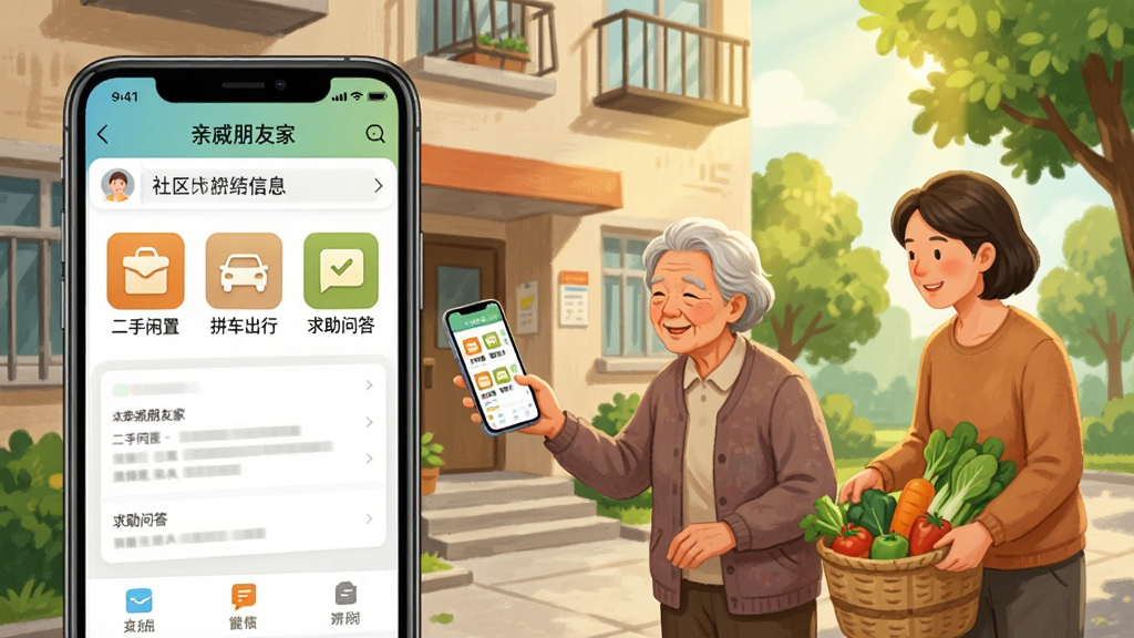 一幅表现邻里互助场景的插画,画面中一栋居民楼前,一位老人正通过手机“亲戚朋友家”应用发布求助信息,旁边有邻居前来帮忙提菜。手机屏幕放大显示应用内的社区板块,有“二手闲置”“拼车出行”“求助问答”等图标。背景有绿树和阳光,风格温馨写实,画质清晰,无多余元素。