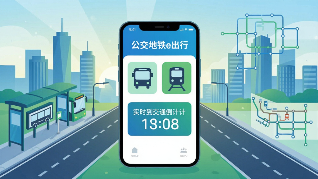 一张展示城市公共交通出行的数字插画,画面中央是一部智能手机,屏幕上显示着“公交地铁e出行”应用界面,界面中有公交车图标、地铁列车图标以及实时到站倒计时数字,手机周围环绕着城市道路、公交站台和地铁线路图元素,背景是清晨的城市天际线,风格为扁平化科技风,色彩以蓝色和绿色为主,细节清晰,画质干净明亮,无多余杂乱元素