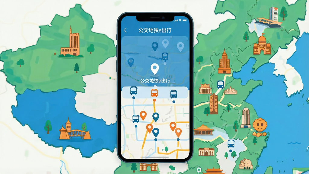 一张中国城市地图插画,多个城市地标建筑分布在画面中,手机屏幕显示“公交地铁e出行”城市切换界面,有定位图标与公交地铁站点标记,风格为扁平化地图风,色彩以蓝绿橙为主,细节清晰,画质干净,无多余装饰元素