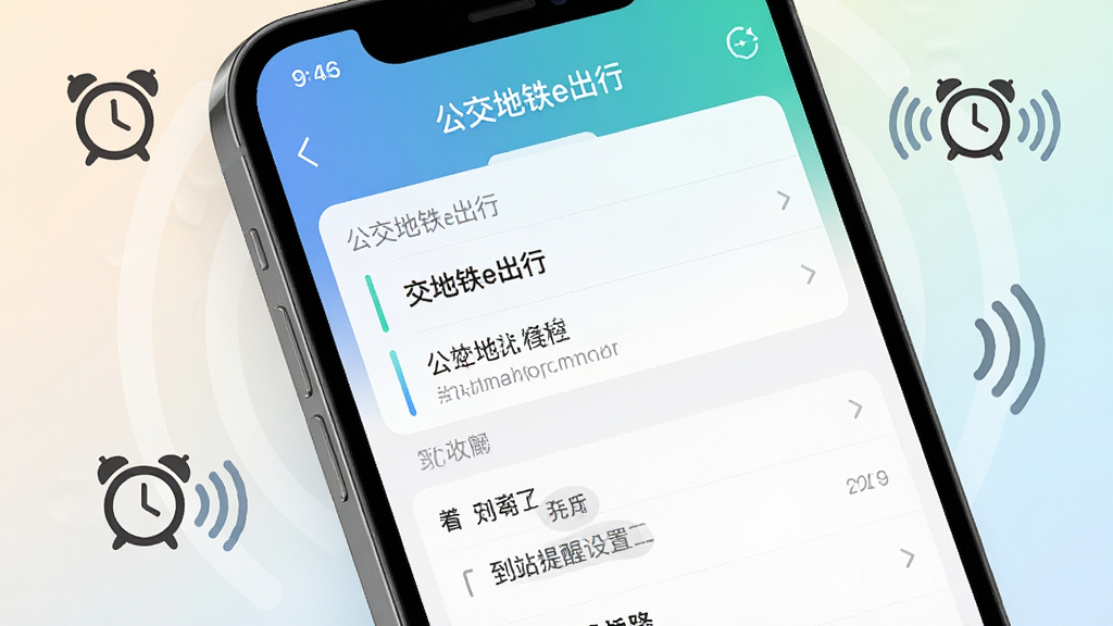 手机屏幕特写,显示“公交地铁e出行”收藏线路列表与到站提醒设置界面,屏幕周围有闹钟图标与震动波纹符号,背景为柔和渐变浅色,风格为UI展示风,细节清晰,画质干净,无多余元素