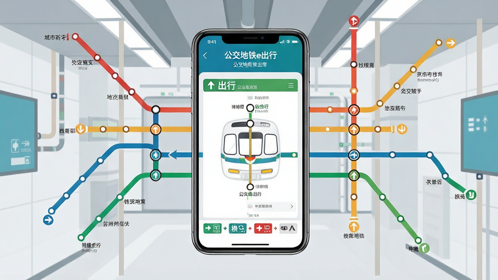 一张城市地铁线路规划示意图,画面中央是手机屏幕显示“公交地铁e出行”地铁换乘方案界面,屏幕外延伸出彩色地铁线路与站点标记,有换乘箭头指示,背景为简洁的城市地下交通风格,色彩清晰明快,风格为信息图表风,画质干净,无杂乱元素