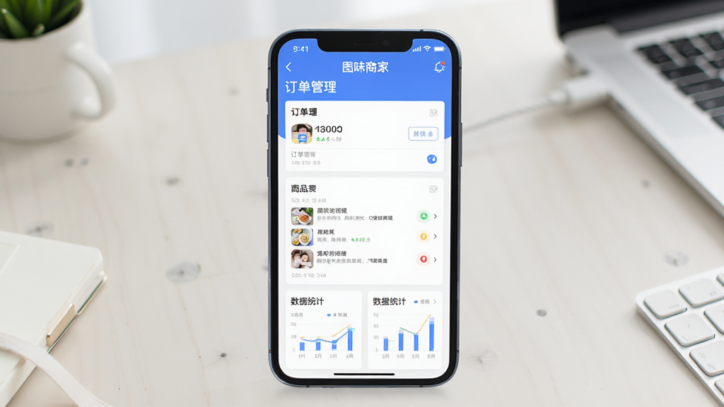 软件全貌展示图,画面中央放置一部智能手机,手机屏幕上显示“图味商家”应用主界面,界面包含订单管理、商品列表、数据统计等模块,背景为简洁的浅色桌面环境,风格现代清爽,细节清晰,画质干净无多余元素,整体构图居中,排版舒朗,适合软件下载站配图使用
