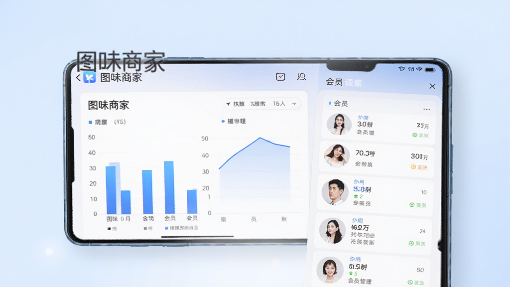 手机界面展示“图味商家”数据统计与会员管理功能,屏幕中呈现柱状图、折线图及会员列表,背景为柔和的浅蓝色调,风格商务简洁,细节清晰,画质干净,无杂乱元素,适合用于软件特色功能展示