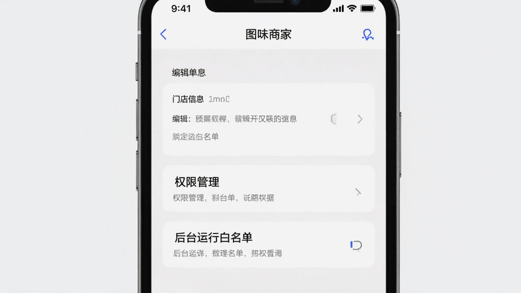 手机屏幕展示“图味商家”设置界面,画面中包含门店信息编辑、权限管理、后台运行白名单等选项,背景为简洁的浅灰色调,风格清晰实用,细节丰富,画质干净,无多余元素,适合用于软件操作教程配图
