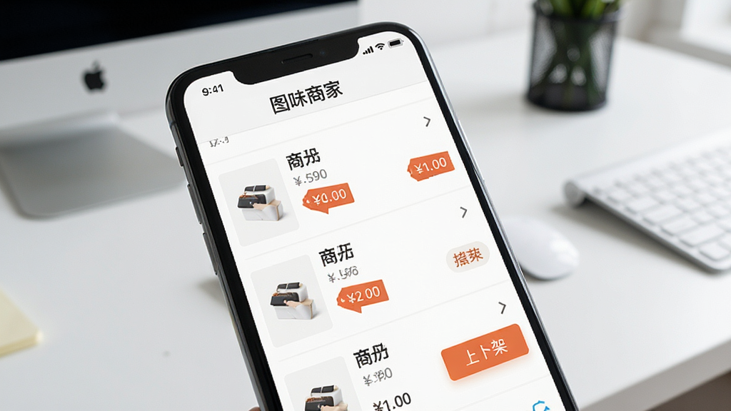 手机屏幕特写展示“图味商家”商品管理界面,画面中可见商品列表、价格标签与上下架按钮,背景为简洁的办公桌面,风格写实清晰,细节丰富,画质干净,无多余装饰元素,适合用于软件功能介绍配图