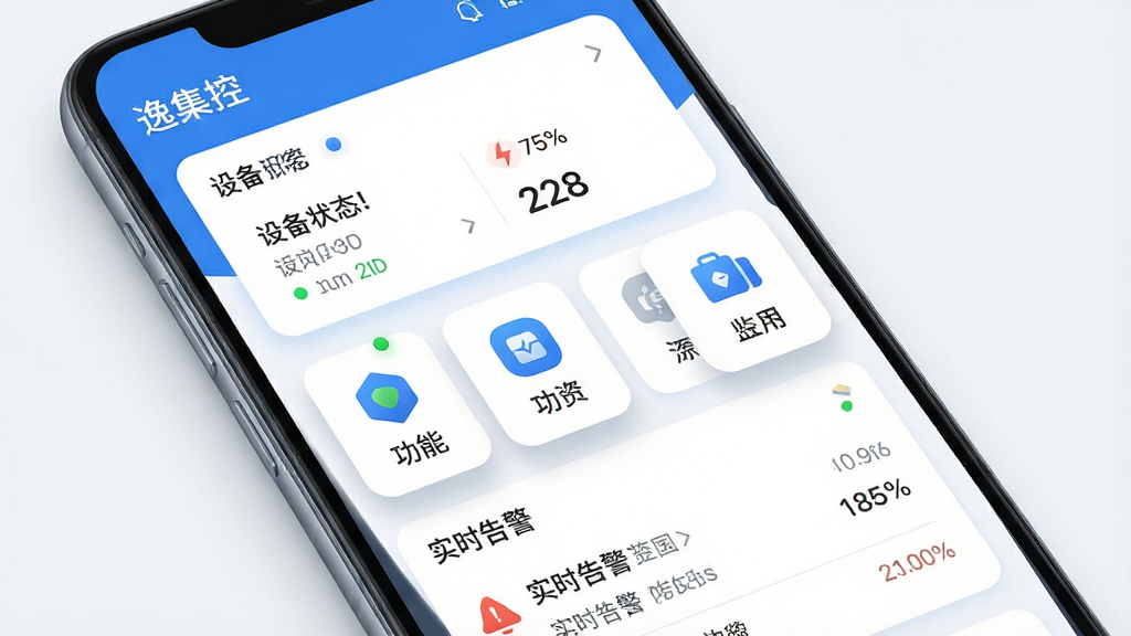 主体为一部安卓手机屏幕显示“逸集控”软件主界面,布局简洁现代,上方为设备状态总览卡片,中部为功能快捷入口图标,下方为实时告警列表;排版采用垂直卡片流;风格为清爽科技风,蓝白配色;细节包含圆形状态指示灯、微投影卡片、平滑圆角;画质高清,干净,无多余元素