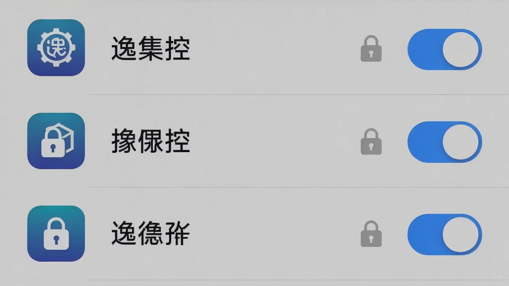 主体为“逸集控”应用权限设置界面特写,布局为列表式开关控件,每行左侧应用图标、中部权限名称、右侧滑动开关;排版整齐对齐;风格为极简UI设计展示;细节包含蓝色高亮开关、灰色禁用状态、锁形图标点缀;画质高清,干净,无多余元素
