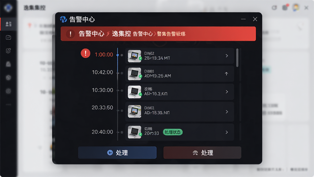 主体为“逸集控”告警中心弹窗界面,布局为顶部红色告警横幅、中部日志时间线、底部处理按钮;排版为垂直时间轴;风格为暗色科技风;细节包含感叹号图标、时间戳、设备缩略图、处理状态标签;画质高清,干净,无多余元素