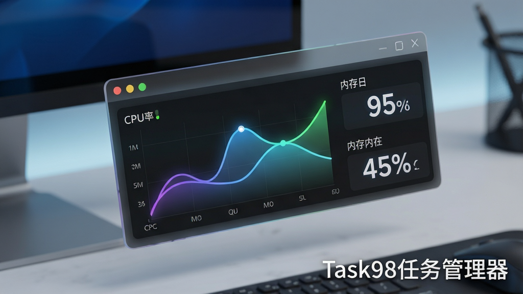 һ��չʾTask98���������ʵʱ��ع��ܵ���дͼ������Ϊ�����������ϵİ�͸�����С��������������Ļ���½ǣ��Ű���ʾCPUʹ�����������ڴ�ռ�ðٷֱ����֣����Ϊ����Ƽ��磬ϸ�������ߴ��з��⽥��Ч��������������������������Ϊ4K���壬�ɾ��޶���Ԫ�أ����������������