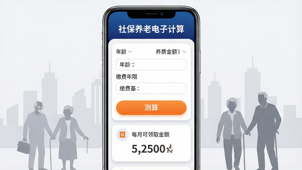 手机屏幕正中央展示社保养老电子计算APP主界面,界面顶部为深蓝色渐变标题栏,标题栏内白色文字写