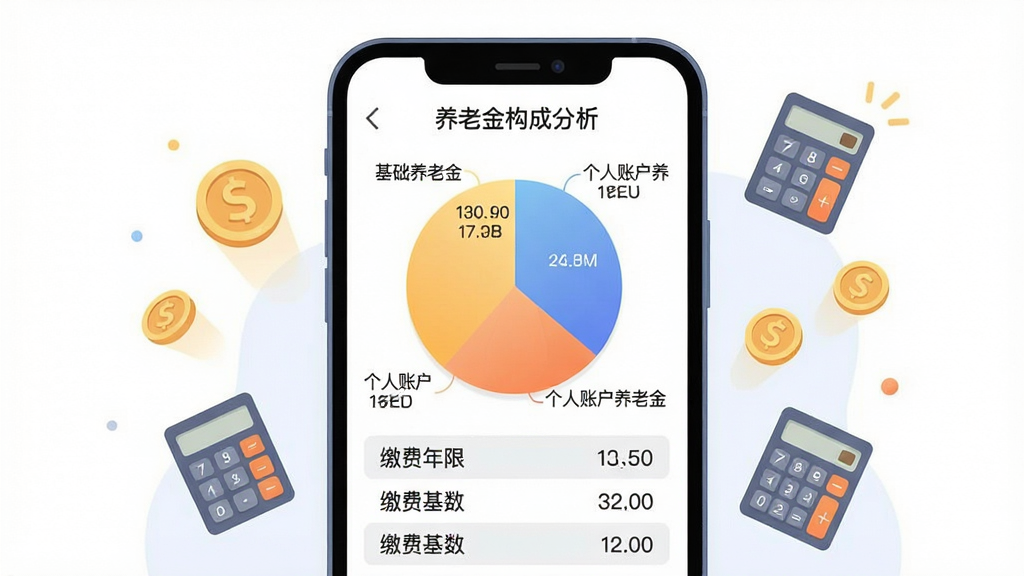 社保养老电子计算APP养老金测算结果页面截图风格插画,画面中央为手机屏幕,屏幕上展示饼状图与柱状图组合的养老金构成分析,饼图标注