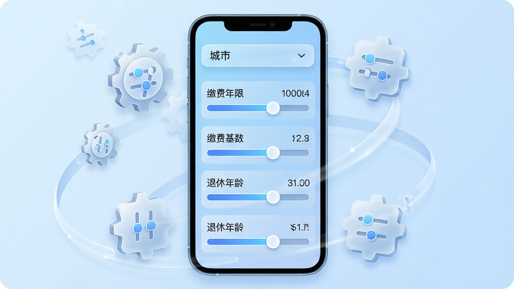 社保养老电子计算APP参数调整界面展示,手机屏幕内显示多个可滑动调节的参数条,包括缴费年限、缴费基数、退休年龄等,每个参数条旁有数字标签,屏幕上方有城市选择下拉菜单,背景为浅蓝色渐变,手机周围环绕齿轮与调节滑块图标,布局为手机居中、元素环绕,风格现代科技感,细节包括磨砂质感、高亮描边,画质高清,画面干净,无多余元素