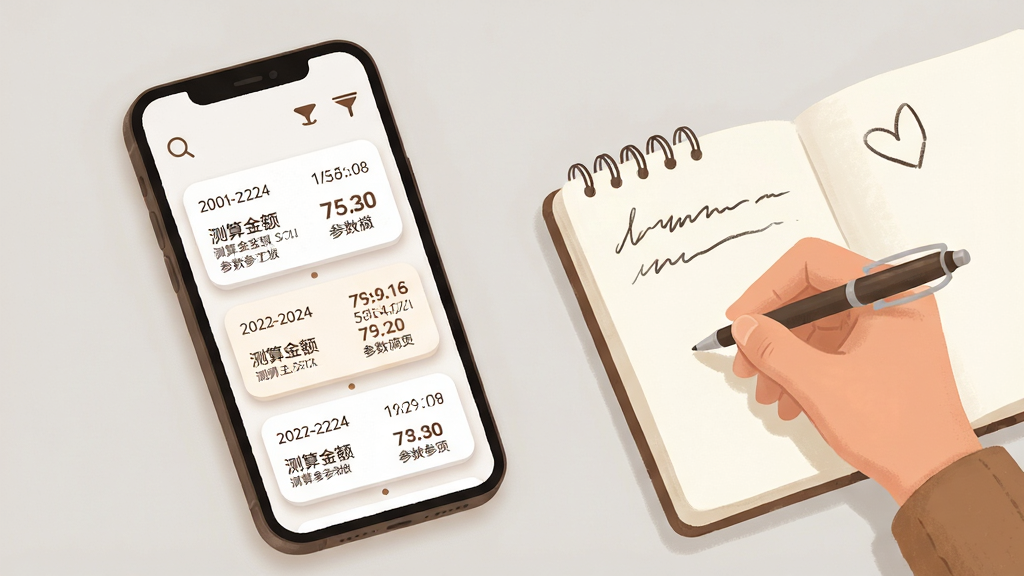 社保养老电子计算APP历史记录页面插画,手机屏幕内显示按时间排列的测算记录卡片列表,每张卡片上有日期、测算金额和参数摘要,屏幕顶部有搜索与筛选图标,背景为浅暖灰色,手机旁有一只手拿笔在记事本上记录,布局为手机居左、记事本居右,风格温馨实用,细节包括卡片圆角、柔和投影、清晰文字,画质高清,画面干净,无多余元素