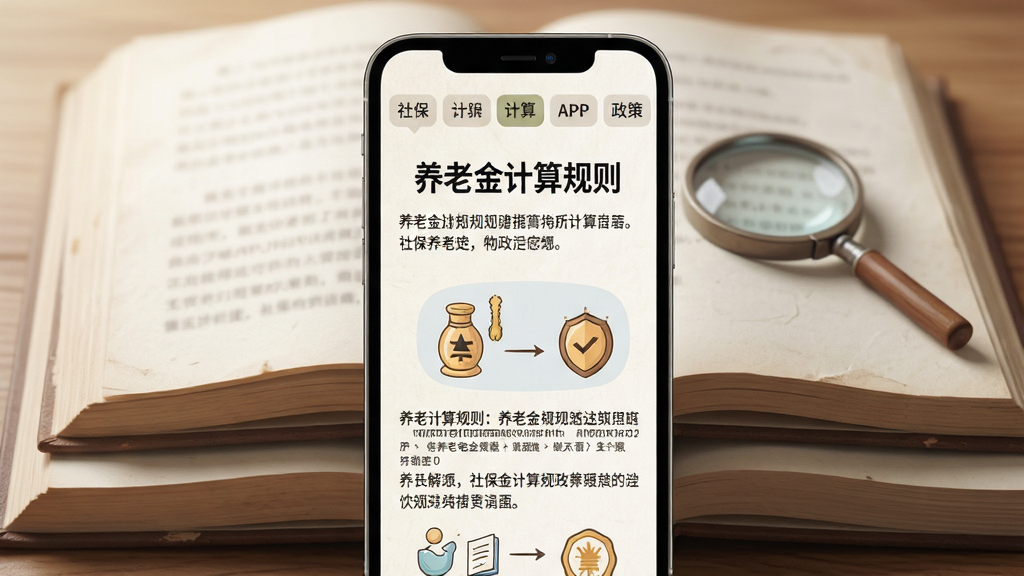 社保养老电子计算APP政策科普页面,手机屏幕内显示图文混排的政策解读文章,标题为