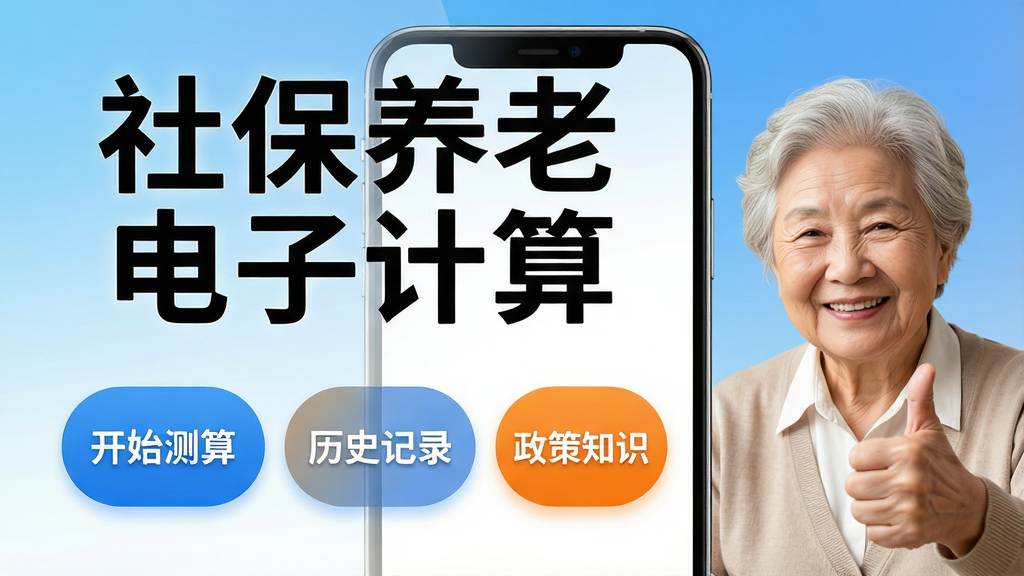 社保养老电子计算APP首页界面展示,手机屏幕内为大字号标题