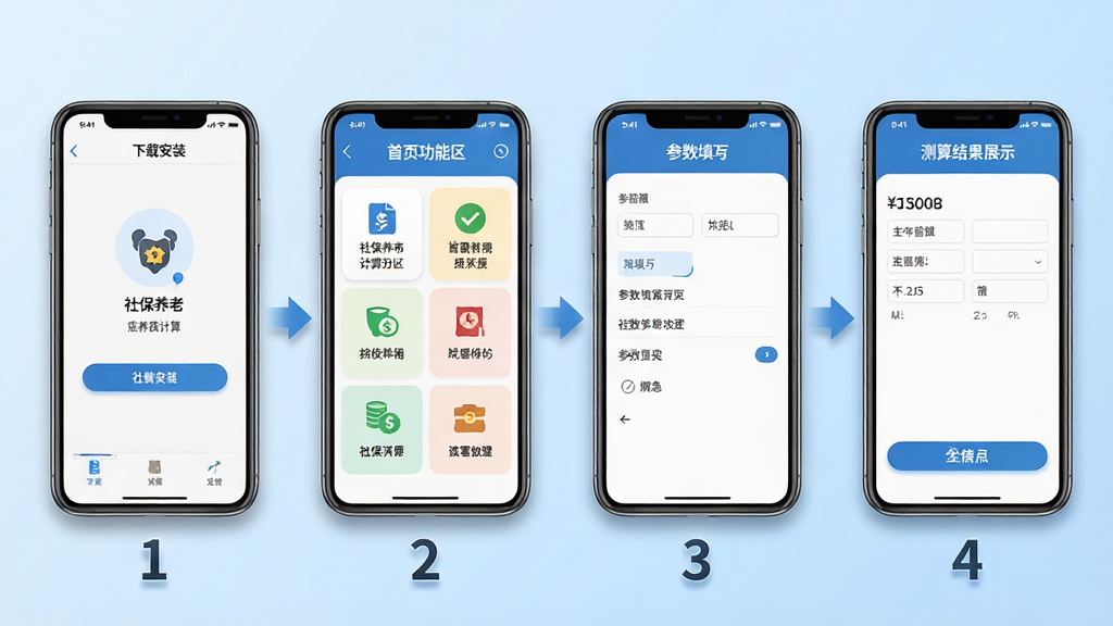 社保养老电子计算APP操作步骤示意图,画面分为四个手机屏幕并排展示,第一个屏幕为下载安装界面,第二个屏幕为首页功能分区,第三个屏幕为参数填写页面,第四个屏幕为测算结果展示,每个屏幕下方有数字序号1至4,屏幕之间有箭头连接,背景为浅蓝色渐变,布局为横向四格排列,风格流程示意图,细节包括清晰图标、步骤编号、柔和阴影,画质高清,画面干净,无多余元素