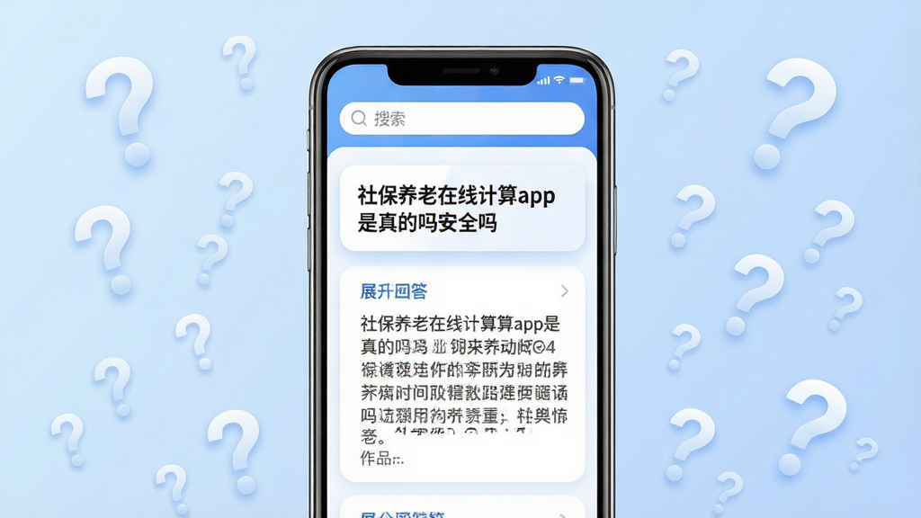 社保养老电子计算APP问答页面示意图,画面中央为手机屏幕,屏幕内显示问答列表,问题标题为