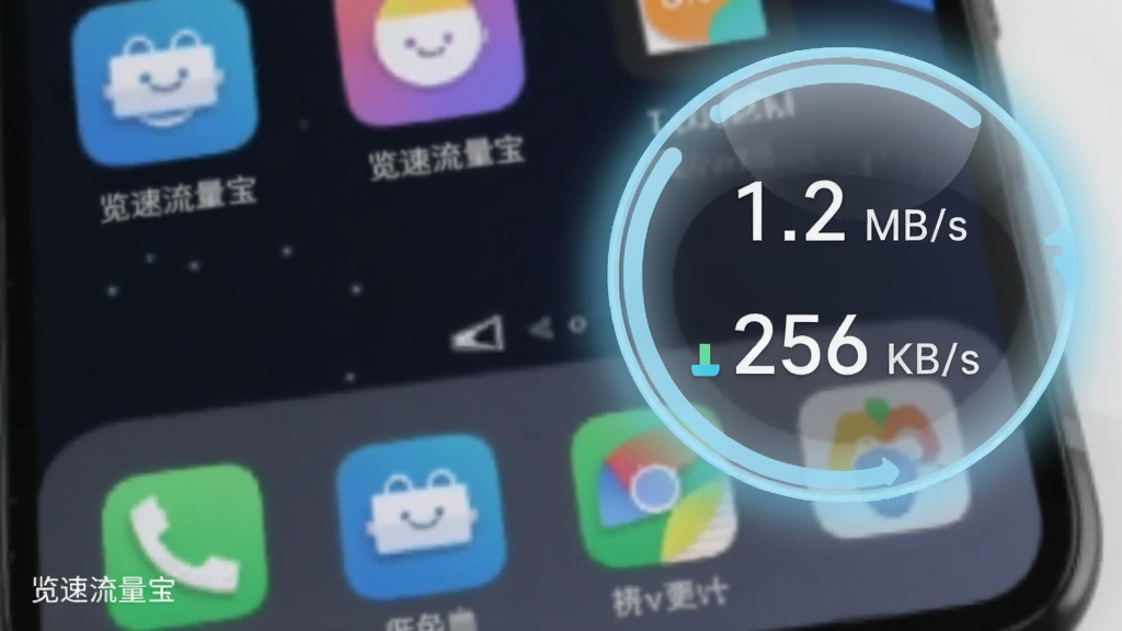 �ֻ���Ļ���Ͻ�����һ����͸��Բ��������������ʾ��1.2 MB/s�������ٶ��롰256 KB/s���ϴ��ٶȣ������Ե���е���ɫ���Σ�����Ϊ�ֻ������벿��Ӧ��ͼ�꣬�����࣬�Ƽ���ʮ�㣬���ʸɾ���������Ԫ�أ�ͼ�а����������ơ�����������������
