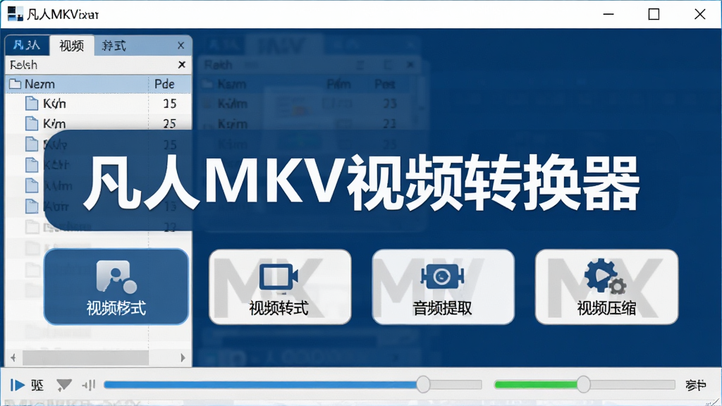 ����MKV��Ƶת���������������ͼ����������չʾ�������ơ�����MKV��Ƶת���������·�������Ƶ��ʽת������Ƶ��ȡ����Ƶѹ���ȹ��ܰ�ť�������������ɫ���ɫ���䣬���ּ�����������Ϊ�ִ�����UI��ϸ�ڰ����ļ��б�������������������������ɾ����޶���Ԫ��