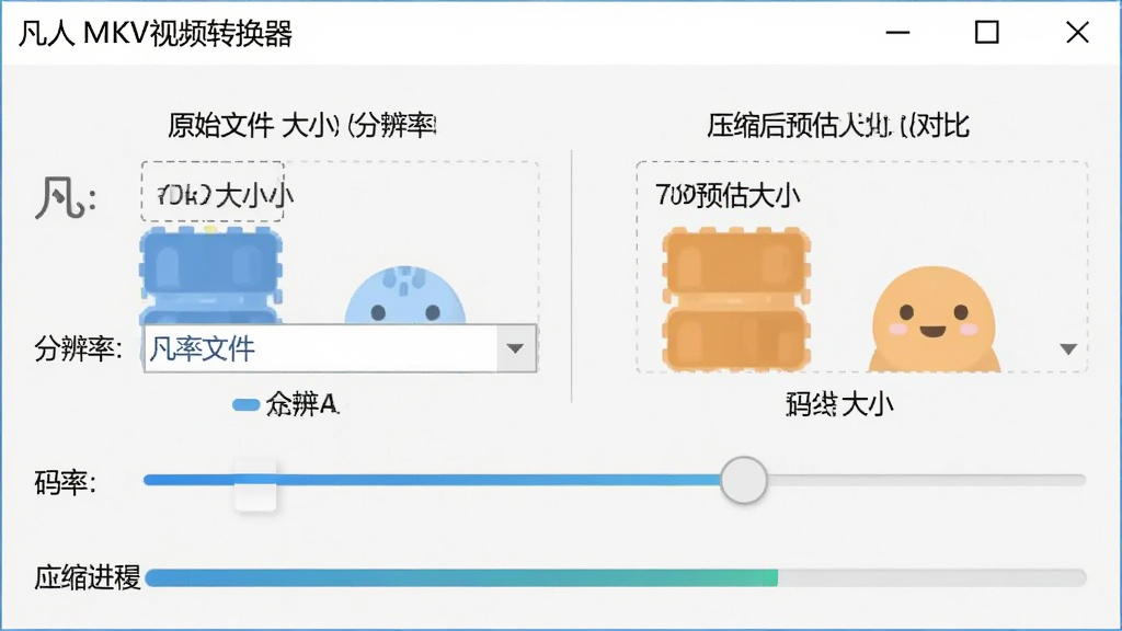 AI��ͼ����������Ϊ����MKV��Ƶת����ѹ��������壬��ʾԭʼ�ļ���С��ѹ����Ԥ����С�Աȣ������ֱ��������˵������ʻ��飬����Ϊ���½ṹ���Ű����������Ϊ�ִ��������������棬ϸ�ڰ���������MKV��Ƶת������������ѹ�������������ʸ��壬�ɾ����޶���Ԫ��