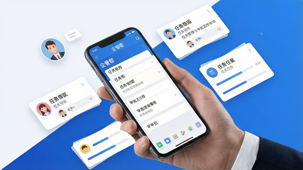 一张展示企管帮团队任务管理与审批流程功能的场景图,画面主体为一只手持智能手机,屏幕上显示“企管帮”任务看板与审批界面,周围环绕悬浮的客户头像、任务卡片、进度条等元素,布局采用斜向动态构图,排版层次分明,风格为商务科技感,细节包括蓝色主色调、细腻图标、清晰文字标签,画质高清,干净无多余元素