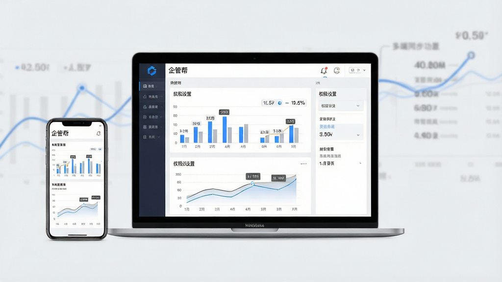 一张展示企管帮数据报表与多端同步功能的示意图,画面中央为笔记本电脑与手机并排展示“企管帮”数据看板,屏幕上有柱状图、折线图、权限设置面板等元素,布局采用左右对称构图,排版规整,风格为简约商务风,细节包括浅灰背景、蓝色数据线条、清晰数字标注,画质高清,干净无多余元素