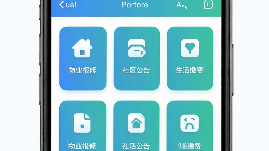 �Ұ�����APP������չʾͼ������Ϊһ�����������ֻ�����Ļ����ʾ��������Ӧ����ҳ��������ҵ���ޡ��������桢����ɷѵ�ͼ��ģ�飬�����������룬�Ű���ÿ�Ƭʽ������ƣ�����ִ���Լ���£�ϸ����ͼ��Բ����ɫ�����̽���Ϊ�������ʸ���ɾ����޶���Ԫ��
