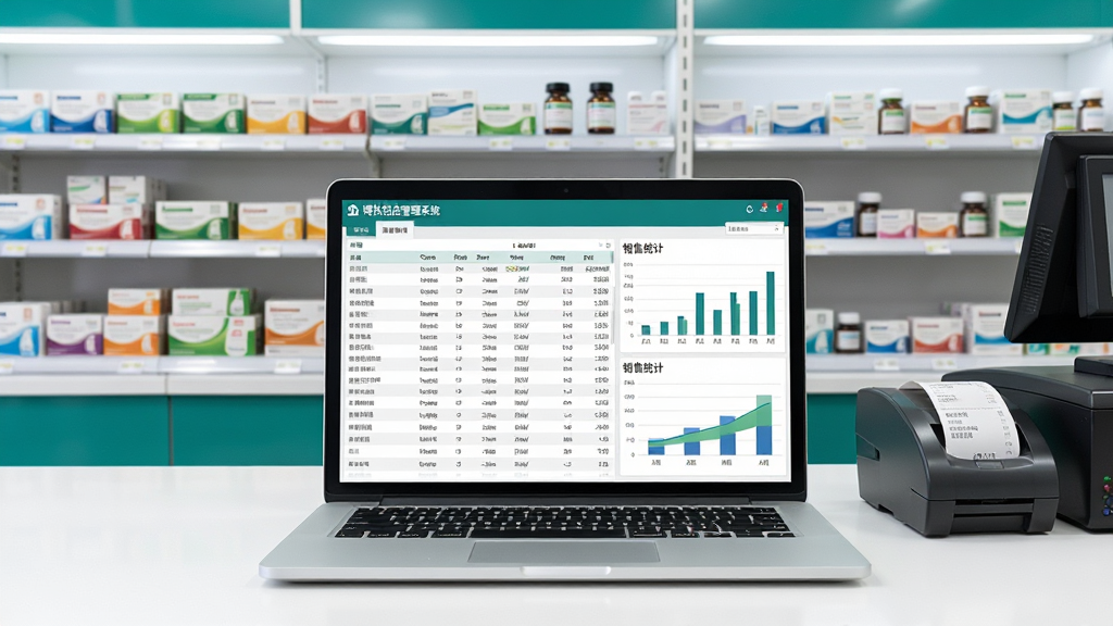 һ��չʾҩ��������������ȫ��ͼ������������һ̨�򿪵ıʼǱ����ԣ���Ļ����ʾ�Ų�ִҩ�����ϵͳ��ҩƷ����б�������ͳ��ͼ���������������������ִ�ҩ���̨������������ڷ��Ÿ���ҩƷ��װ�У����岼�ֲ��þ��й�ͼ�����Ϊдʵ����磬ϸ�ڰ�����Ļ�ϵ����ݱ���ҩ�б�ǩ������̨СƱ��ӡ���������������ɾ����޶���Ԫ��