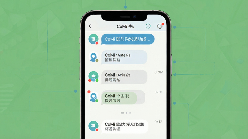 一张展示 CoMi 即时沟通功能的界面概念图,画面主体是手机屏幕特写,屏幕中显示 CoMi 的消息聚合界面,包含多个会话气泡、未读红点与待办标签,布局为竖向排列,风格为清爽扁平化设计,细节包含圆角卡片、浅色背景与清晰的图标,画质高清,干净,无多余元素