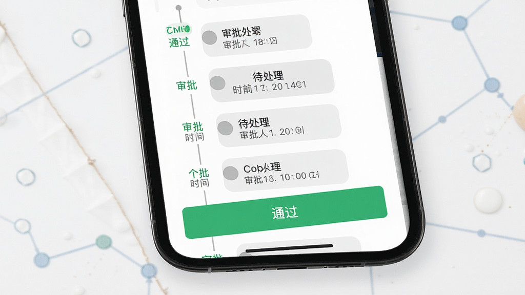 一张展示 CoMi 审批流程功能的界面概念图,画面主体是手机屏幕中显示审批单详情与通过按钮,包含流程节点、审批人与时间线,布局为纵向时间轴,风格为轻量办公风,细节包含绿色通过标识、灰色待处理节点与清晰的文字说明,画质高清,干净,无多余元素