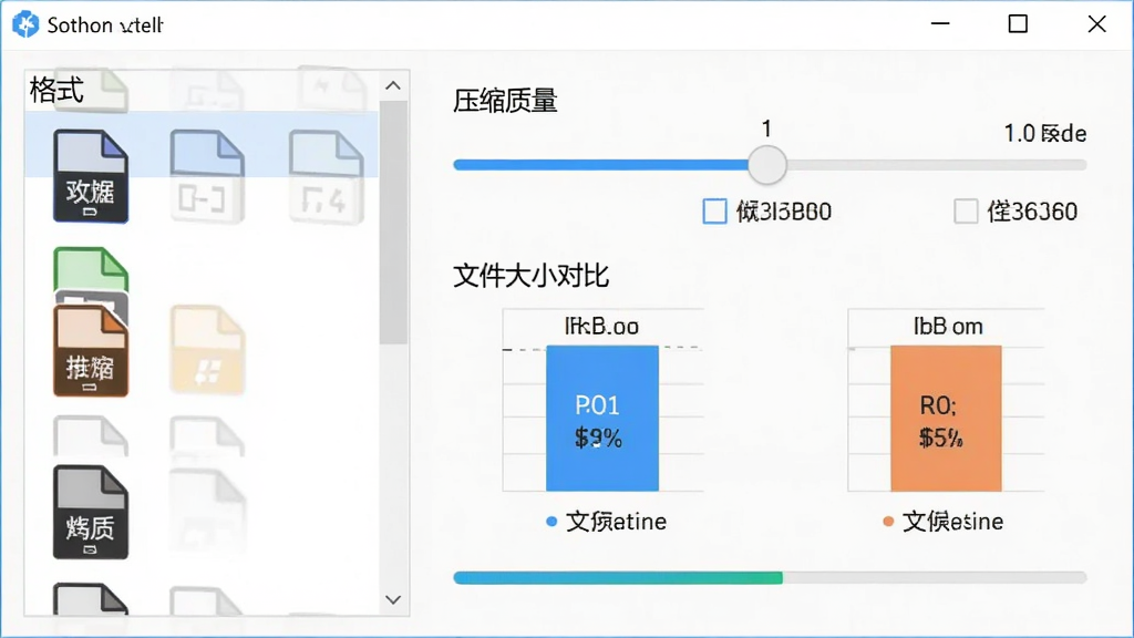 图片批处理王格式转换与压缩功能展示,主体为软件操作界面,布局为左侧格式选择列表、右侧压缩质量滑块与文件大小对比图,排版清晰,风格为软件截图,细节包括格式图标、压缩前后体积数字对比、进度条,画质清晰,干净,无多余元素