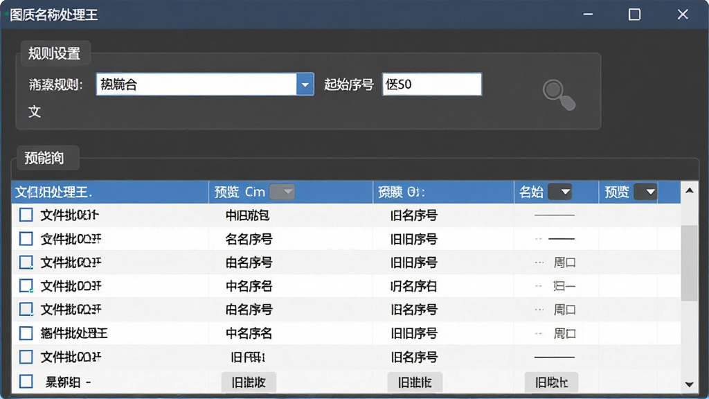 图片批处理王批量重命名功能展示,主体为软件界面,布局为上方规则设置区、下方文件名预览列表,排版清晰,风格为软件截图,细节包括命名规则下拉菜单、起始序号输入框、预览表格显示新旧文件名对照,画质清晰,干净,无多余元素