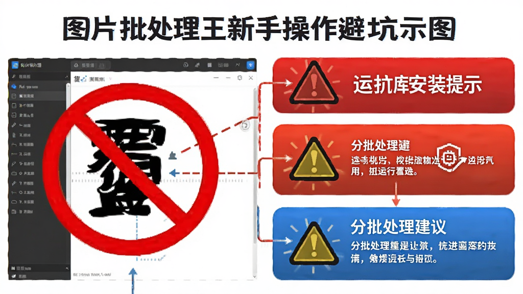 图片批处理王新手操作避坑示意图,主体为软件操作界面与警示图标组合,布局为左侧软件截图、右侧红色警示框与蓝色技巧提示框,排版左右分栏,风格为信息图风格,细节包括禁止覆盖图标、运行库安装提示、分批处理建议文字,画质清晰,干净,无多余元素