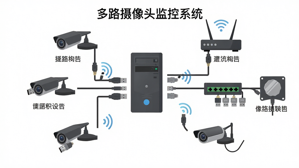 һ�Ŷ�·����ͷ���ϵͳ�豸��������ͼ��AI��ͼ������Ϊ�����������Ӷ��USB����ͷ�����������������Ϊ���е���ͼ�꣬���ܷ�����������ͷͼ�ꡢ·��������������Ӳ�̣����Ϊ����ƽ��ʾ��ͼ��ϸ�ڰ������ߡ�USB�ߡ��źŲ��ơ��豸��ǩ�������г��֡���·����ͷ���ϵͳ�����֣������������ɾ����޶���Ԫ��