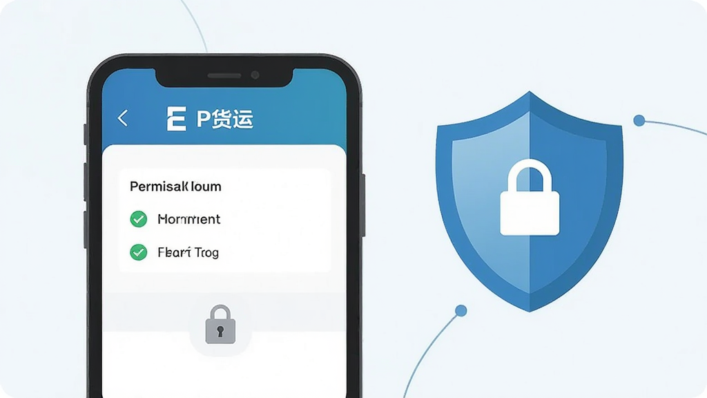 一张展示手机安全使用技巧的AI生图,画面主体是一部手机屏幕显示E货运平台的权限管理界面,旁边有一个盾牌图标代表安全防护,布局采用左右分栏构图,风格为简约扁平风,细节包括勾选标记、锁形图标,画质清晰,干净,无多余元素