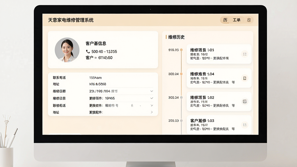 ����ҵ�ά�޹���ϵͳ�ͻ���������ҳ�棬����Ϊ������Ļ��չʾ�Ŀͻ���Ϣ��Ƭ��ά����ʷʱ���ᣬ����Ϊ���ͻ�������Ϣ�����Ҳ���ʷ�����б��������Ϊ�º͵�ǳɫϵUI��ƣ�ϸ�ڰ����ͻ�ͷ����ϵ�绰����ַ��ά�����ڡ�ά����Ŀ������������ֶΣ�ʱ��������������չʾ���ά�޼�¼������Ϊ����UI��Ⱦͼ������ɾ��޶���Ԫ��